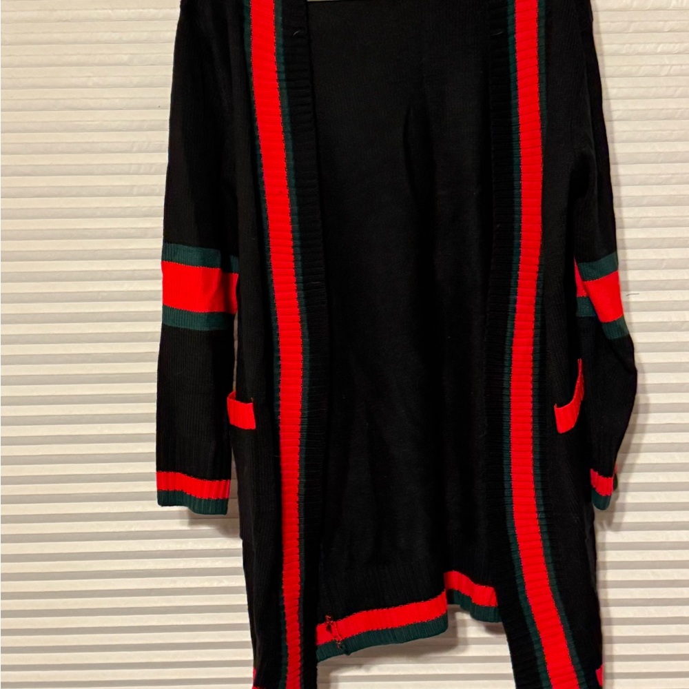 Chic Black Sweater with Red and Green Stripes - Picture 2 of 5